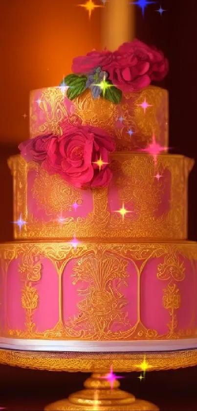 Luxurious pink and gold tiered cake with floral accents on a stand.