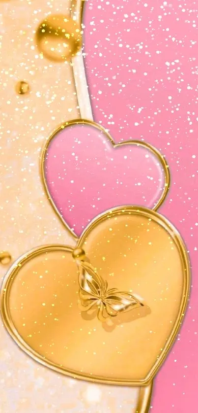 Luxurious pink and gold heart wallpaper with butterfly detail.