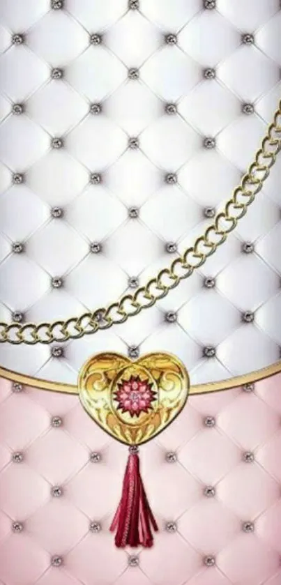 Elegant pink and gold phone wallpaper with heart and chain design.