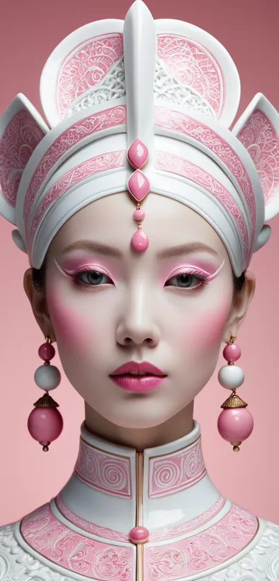 Artistic portrait of woman in pink and white traditional headwear.