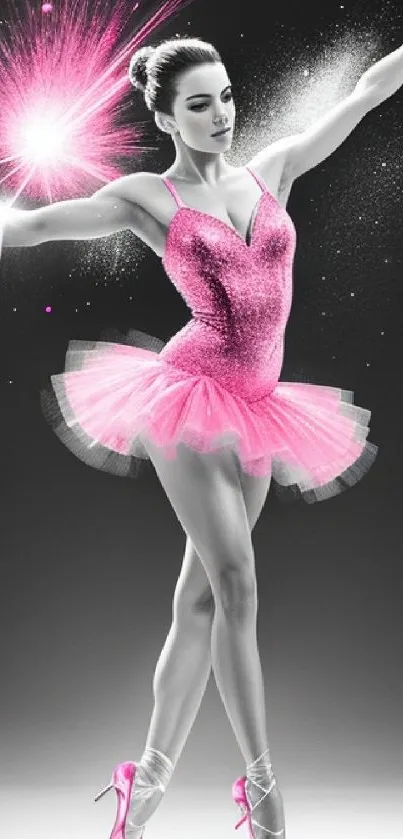 Ballet dancer in pink tutu with sparkles and elegant pose on a mobile wallpaper.