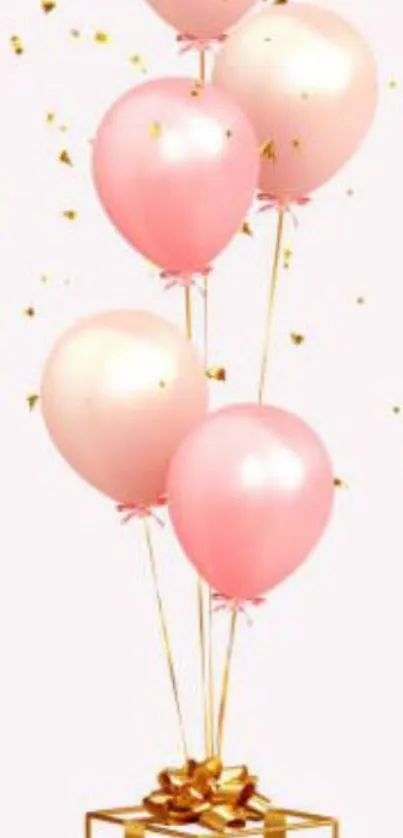 Elegant pink balloons with gold confetti and gift box design.