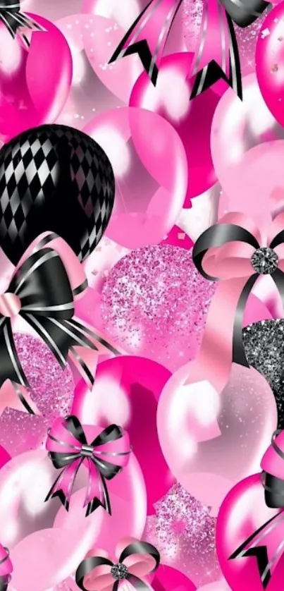 Pink and black balloon wallpaper with bows and sparkles.