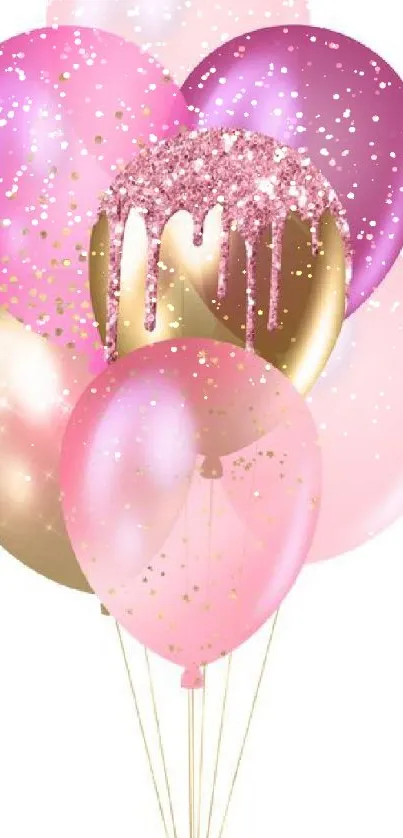 Pink and gold balloons with glitter design wallpaper.