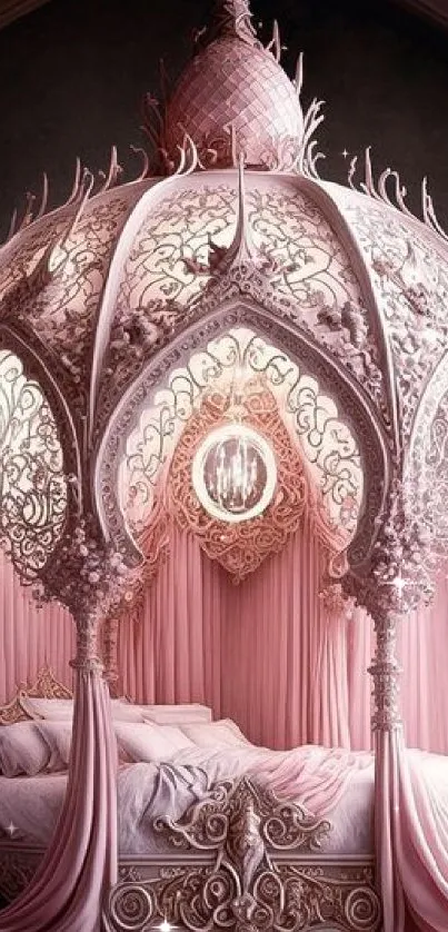 Luxurious pink bed canopy with intricate design in elegant decor style.