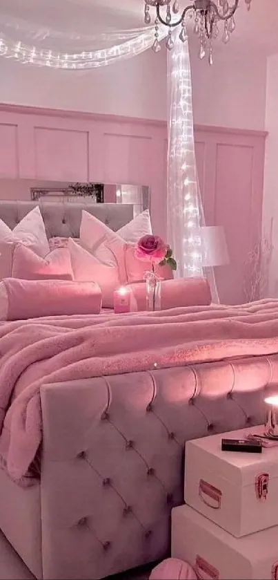 Elegant pink bedroom with plush decor and ambient lighting.