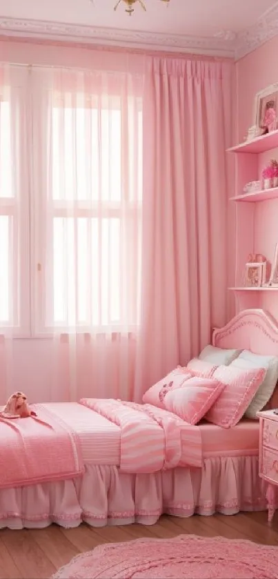 Elegant pink bedroom with cozy decor and pastel accents.
