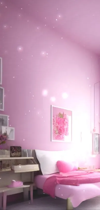 Elegant pink-themed bedroom with modern decor.