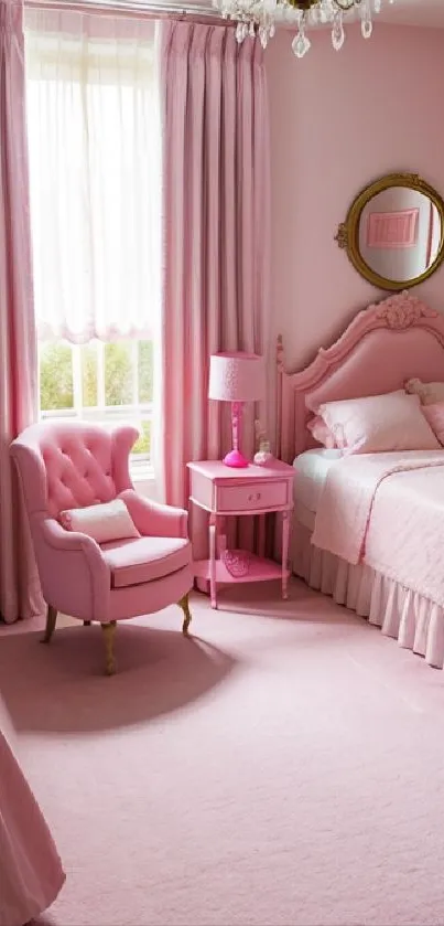 Elegant pink bedroom with luxurious decor and soft furnishings.