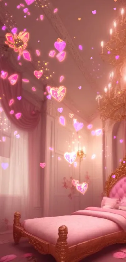 Luxurious pink bedroom with elegant decor and chandelier lighting.