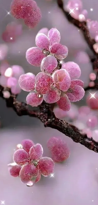 Pink blossoms with frosty details on dark branches.