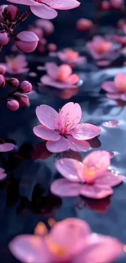 Elegant pink blossoms float on calm water surface.