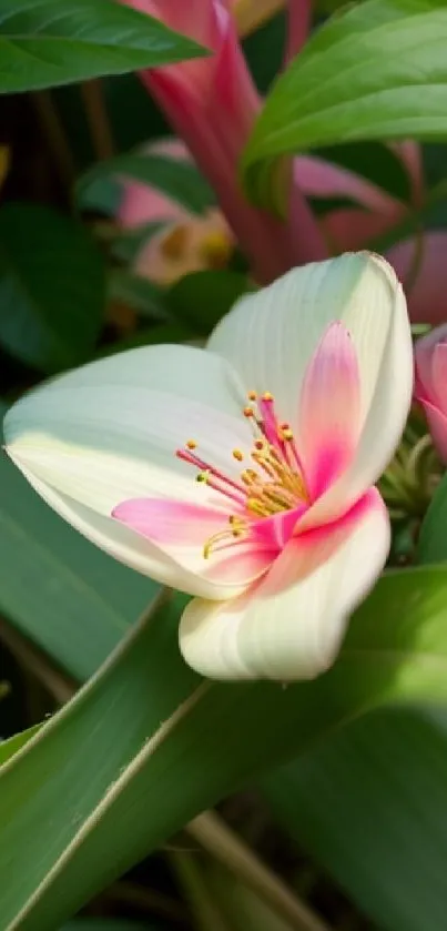 Delicate pink blossom with lush green leaves in a serene nature setting.