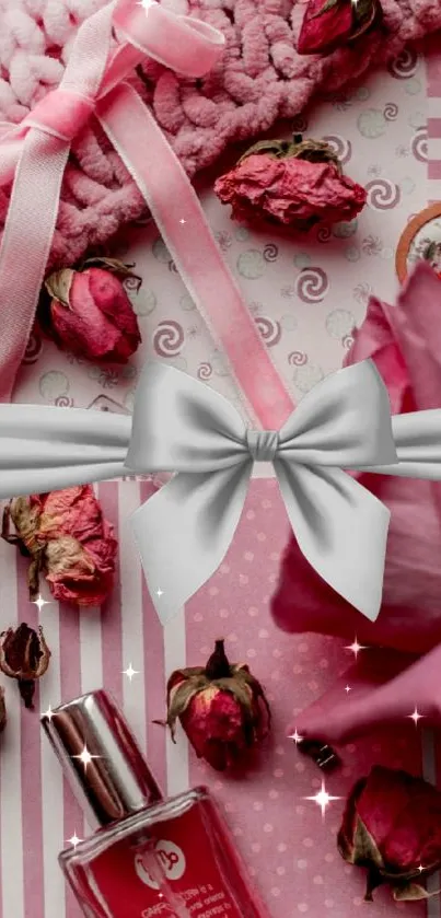 Pink-themed wallpaper with roses and a bow.