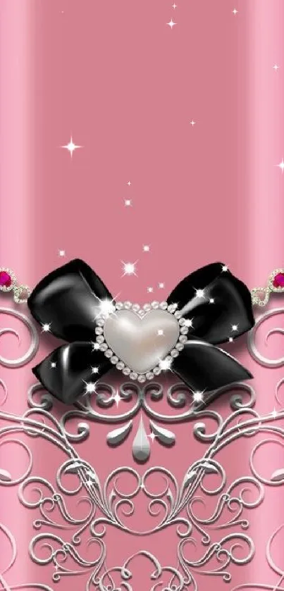 Elegant pink wallpaper with black bow and heart design.