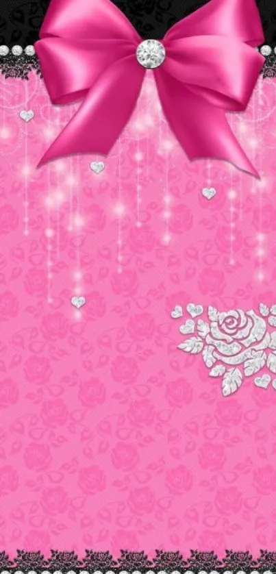 Elegant pink bow with roses wallpaper design.