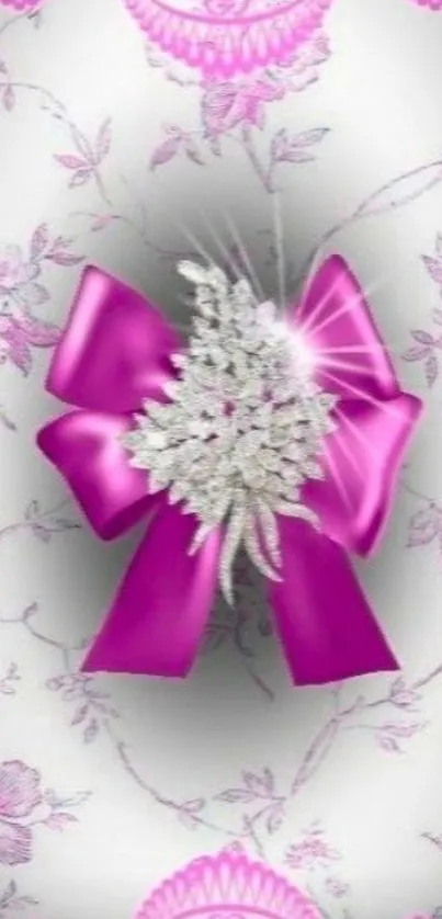 Elegant pink bow wallpaper with floral accents.