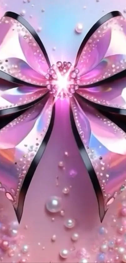 Elegant shiny pink bow with sparkling pearls.