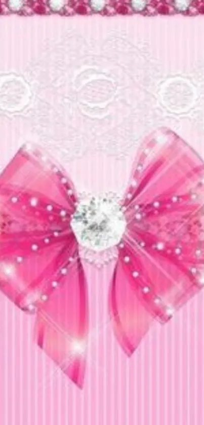 Elegant pink bow with gems and lace wallpaper for mobile.