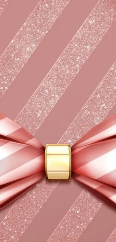 Pink wallpaper with a glamorous bow and glitter stripes.