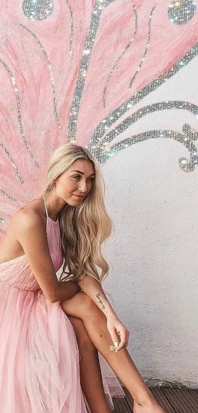 Woman in pink dress with butterfly wing mural.