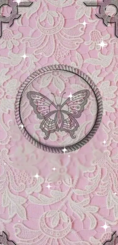 Pink wallpaper with lace texture and a butterfly centerpiece.