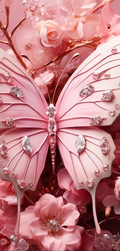 Pink butterfly with crystals surrounded by flowers.