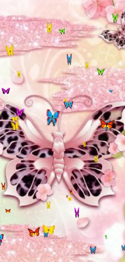 Elegant pink butterfly and floral design with glitter accents for phone wallpaper.