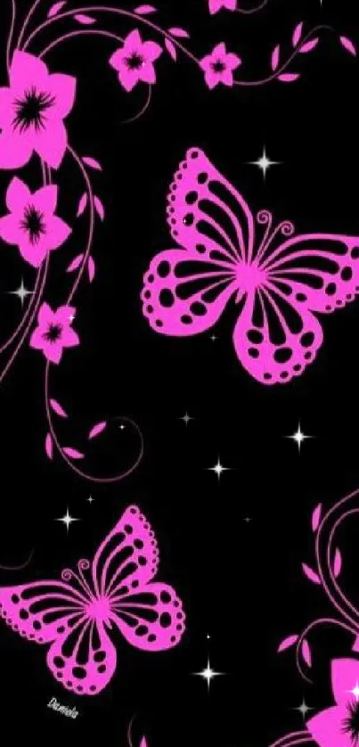 Elegant pink butterfly and floral design on a dark background.