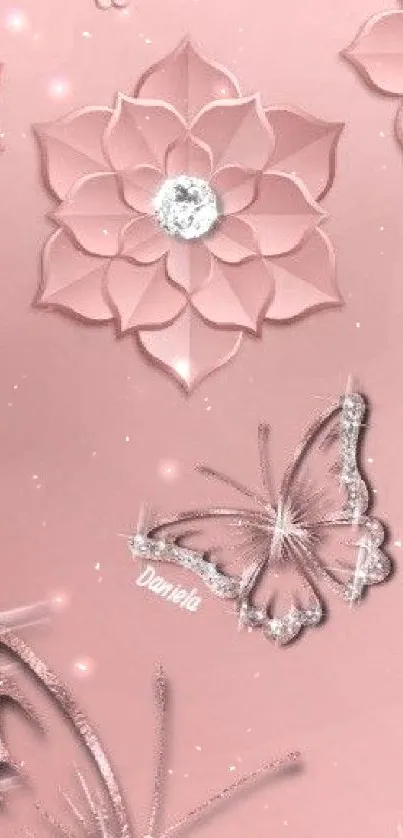 Pink wallpaper with butterflies and floral diamond accents for mobile.