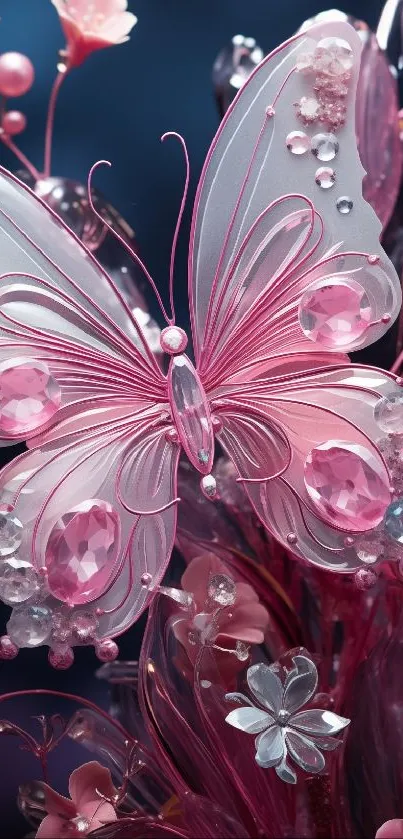 Intricate pink butterfly with sparkling gems on a mobile wallpaper.