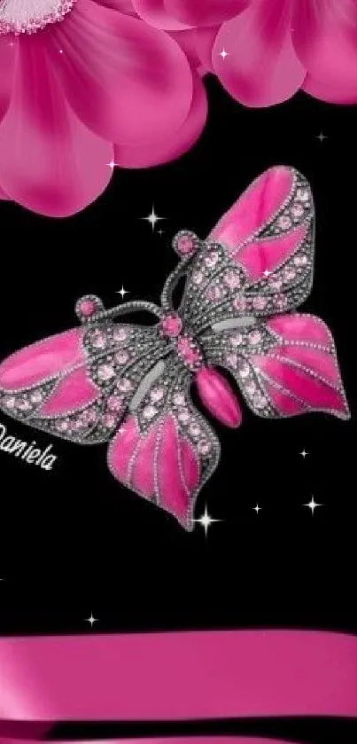 Pink butterfly and flowers on stylish mobile wallpaper.