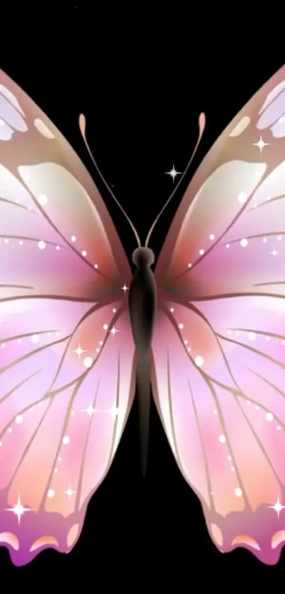 Elegant pink butterfly with sparkles on a dark background.