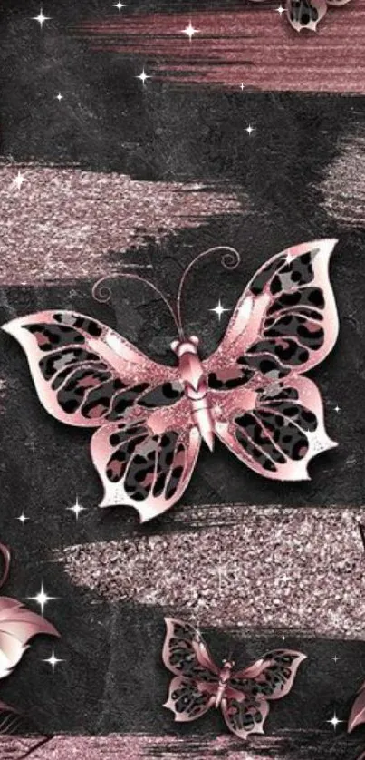 Elegant pink butterfly wallpaper with floral accents.