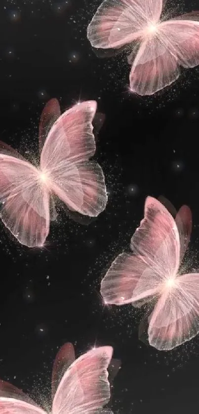 Elegant wallpaper with pink butterflies on a black background.