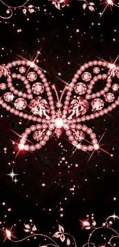 Sparkling pink butterfly wallpaper with gemstone effect on a dark background.