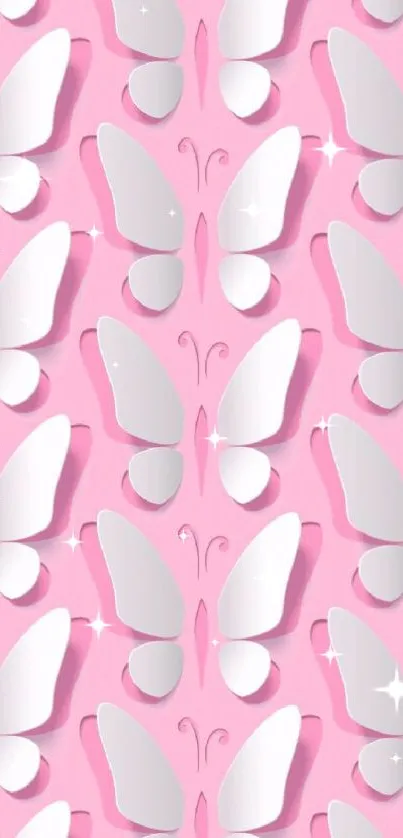 Elegant wallpaper with white butterflies on a pink background.