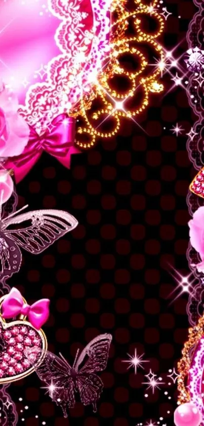 Pink butterfly wallpaper with jewels and roses for a glamorous look.