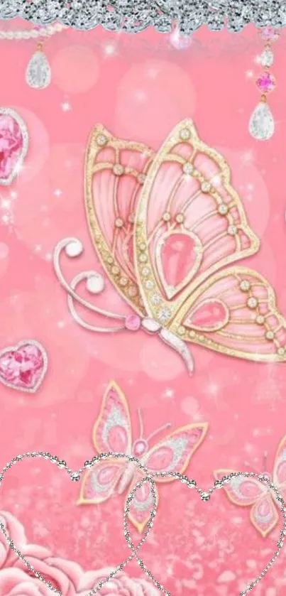 Pink butterfly wallpaper with sparkly jewels and roses.