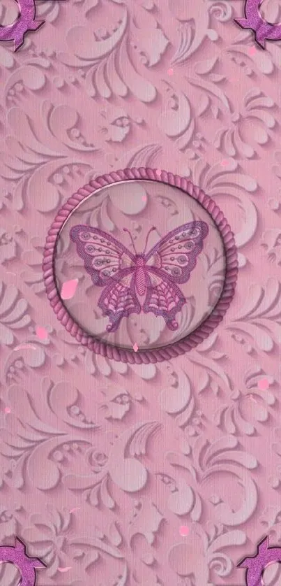 Pink butterfly wallpaper with floral patterns.