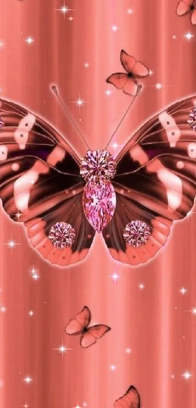 Pink butterfly with sparkling details on a glowing background.