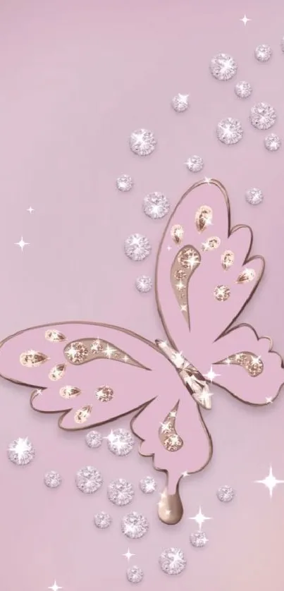 Pastel pink wallpaper with jeweled butterfly.