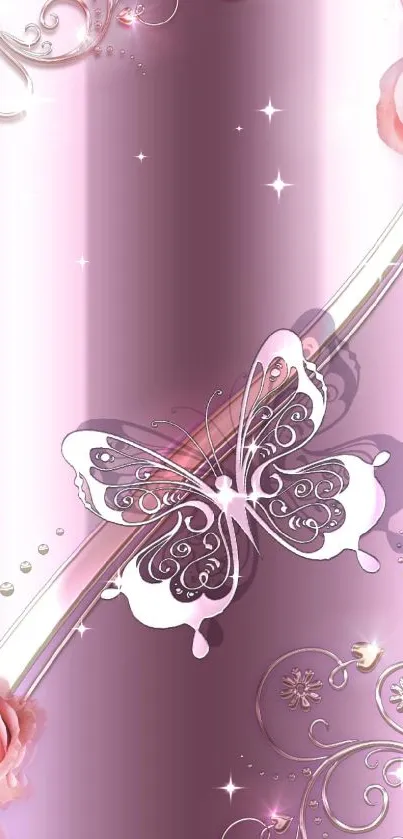 Pink wallpaper with butterfly and roses design.