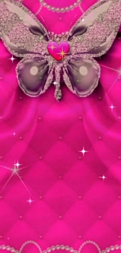 Elegant mobile wallpaper with pink butterfly and heart design.