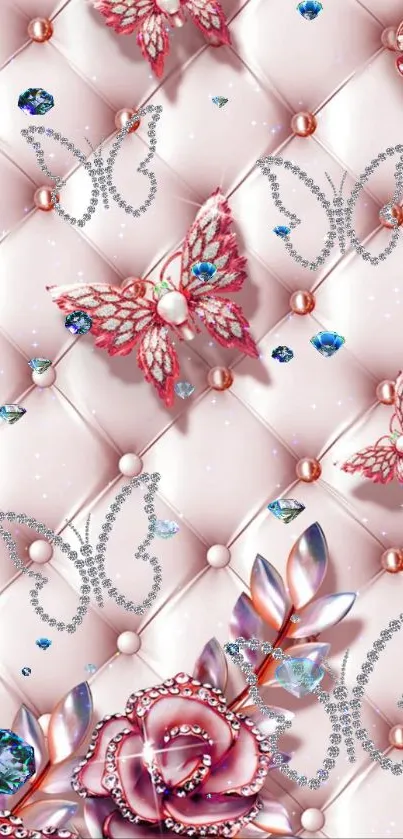 Elegant pink wallpaper with butterflies and gems.