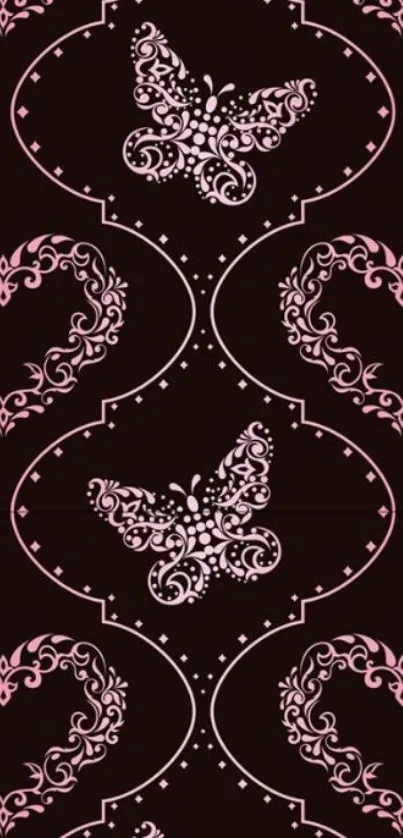 Pink butterfly and heart pattern wallpaper on dark background.