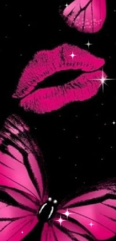 Pink butterflies and lips on a dark background with sparkling stars.