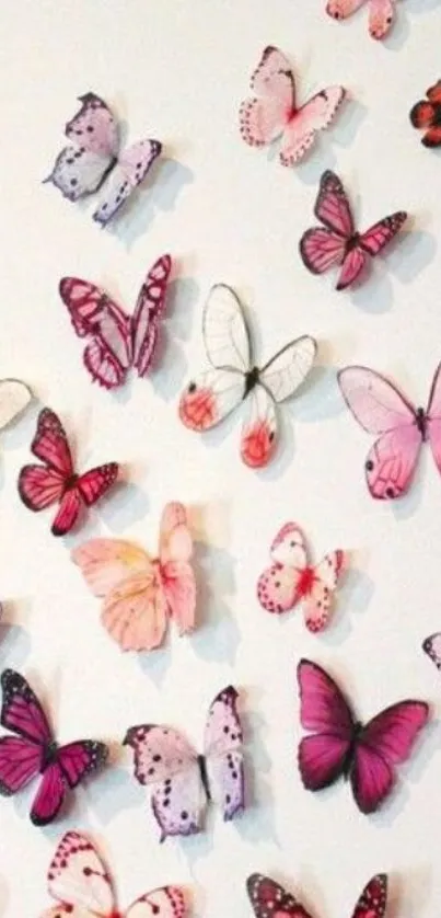 Mobile wallpaper with pink and purple butterflies.