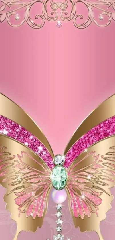 Luxurious pink butterfly with gold and sparkles on mobile wallpaper.