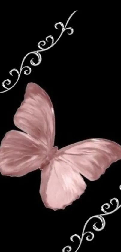 Elegant pink butterfly on black background with floral accents.